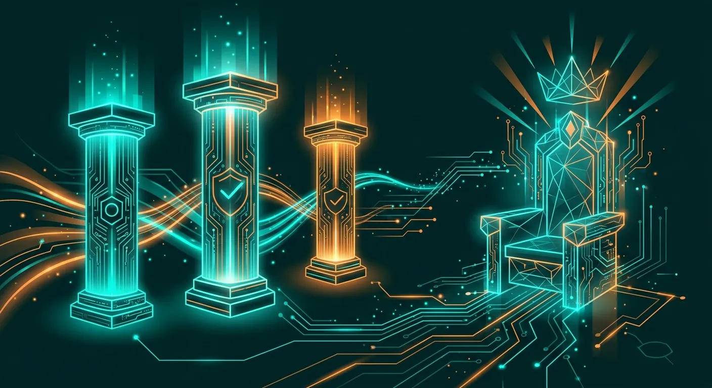 Ilustrasi pilar integritas dan takhta digital portal Royal228